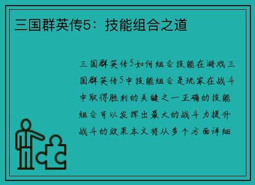 三国群英传5：技能组合之道